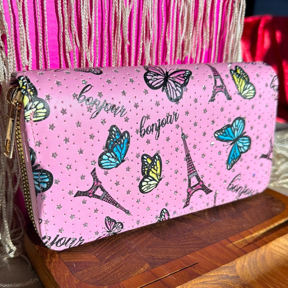 “Blu Crush” Pink & sparkle Double Zip Long Wallet Eiffel Tower Butterflies NWOT